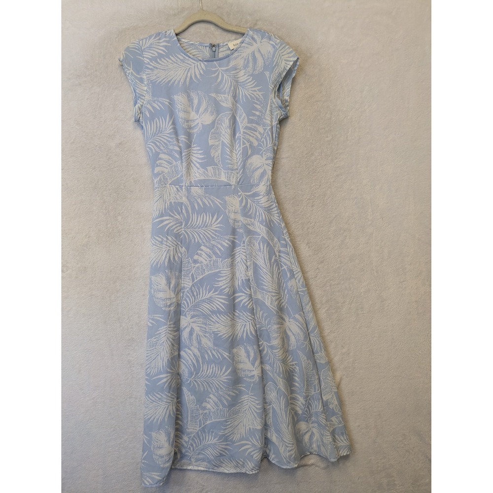 Bohme Women's XS Light Blue Midi Dress Tropical Palm Leaf Print Cap Sleeve